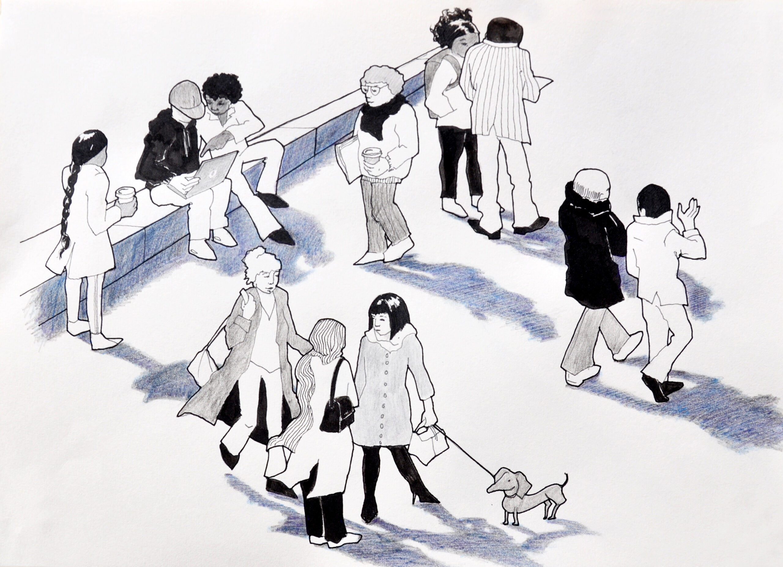 Illustration in Blau, Schwarz und Weiss mit Menschen verschiedenen Alters und Herkuft